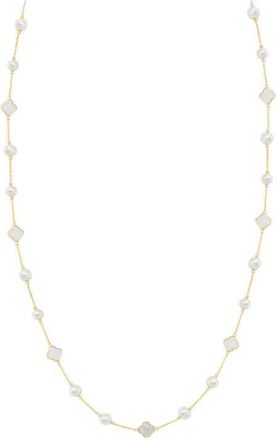 Effy 14K Yellow Gold Mother-of-Pearl & Freshwater Pearl Clover Station Necklace in 14K Gold at Nordstrom, Size 18