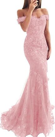 Generic Tulle Prom Dresses Long Beaded Sexy Mermaid Gowns Off The Shoulder Lace Appliques Formal Evening Gown Pink S