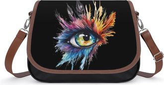 Generic Watercolor Eyes Feather Crossbody Bag Womens Handbag PU Message Bags Shoulder Purse with Adjustable Strap