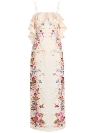 Zimmermann Patience Ruffled Floral Linen Midi Dress - Cream - 4 (UK 16 / XL)