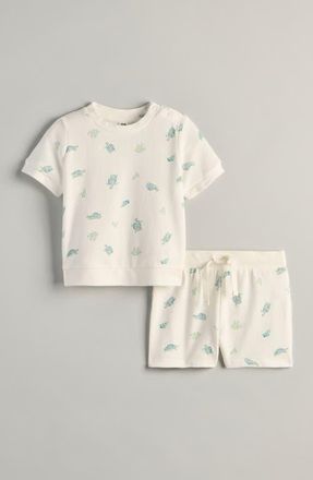 Nordstrom Fun Short Sleeve Cotton Sweatshirt & Sweat Shorts Set in Ivory Egret Turtle Toss at Nordstrom, Size 18M