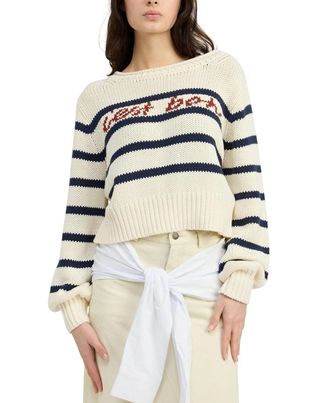 En Saison Helena Sweater Womens Ivory Cotton Striped Cropped Boat Neck PALL67