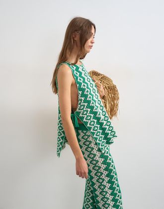 Topshop Camicia in maglia effetto uncinetto verde e bianca in coordinato-Multi