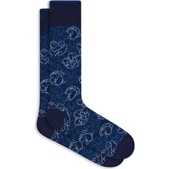 Bugatchi Floral Mercerized Cotton Blend Dress Socks in Navy at Nordstrom