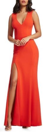 Dress The Population Sandra Plunge Crepe Trumpet Gown in Poppy at Nordstrom Rack, Size Medium