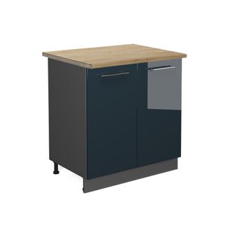 Vicco Mueble Fregadero Cocina Fame-line, Azul Oscuro Alto Brillo, 80 Cm Con Estante, Et Roble Vicco