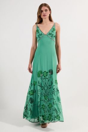 Karen Millen Womens Embroidery Beaded Crinkle Woven Strappy Maxi Dress - Green - Size 14 UK
