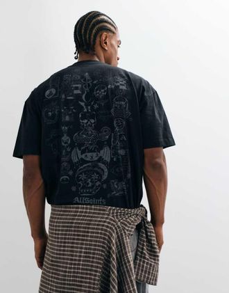 AllSaints Ignis T-shirt a maniche corte grafica con logo illustrato e stampa sul retro in nero slavato