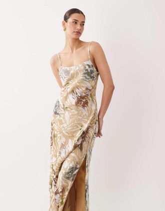 Asos Vestito sottoveste lungo marrone a fiori con stampa d&eacute;vor&eacute;-Multi