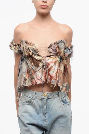 Balmain Printed Silk Off-Shoulder Top size 38