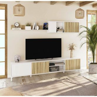 Dmora Dmora - Pared Equipada Grant, Composici&oacute;n De La Sala De Estar, Muebles De Sal&oacute;n Multiusos, Gabinete De Tv, 200x40 H47 Cm, Blanco Y Roble