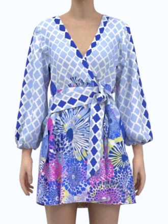 Celina Moon Long Sleeve Floral Wrap Dress In Blue Multi