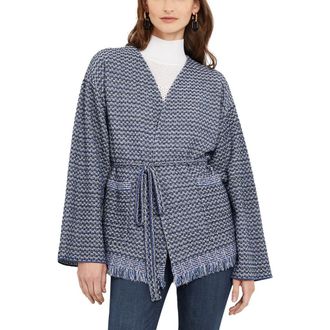 Misook Fringe Tie Waist Cardigan in Oceanic/white/black at Nordstrom Rack, Size X-Large