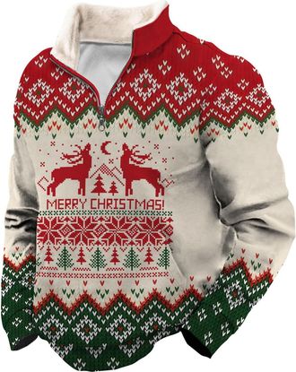 Generic Men Christmas Sweatshirt 1/4 Zip Ugly Christmas Jumper Long Sleeve Fleece Funny Printed Xmas Sweatshirts Mens Winter Warm Thermal Xmas Jumpers Pullove