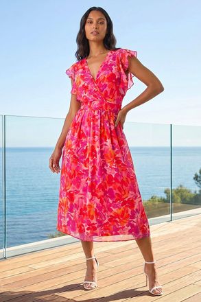 Roman Womens Floral Bias Midi Dress - Orange - Size 12 UK