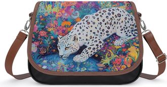 Generic Snow Leopard Psychedelic Garden Stream Leather Crossbody Bags for Women Messenger Handbag Purse Shoulder Bag