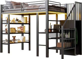 STILVORA Cama Alta 90 X 200 Cm Con Led, Enchufe, Escritorio, Estantes Y Armario, Sin Colch&oacute;n, De Metal, Negro