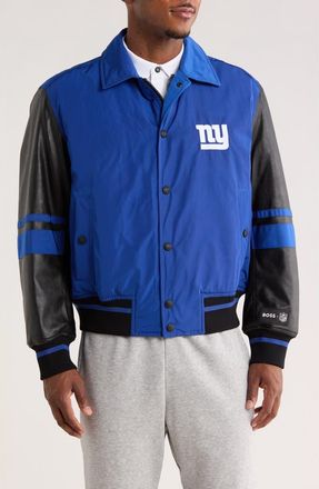 BOSS NFL New York Giants Faux Leather Sleeve Varsity Jacket in Med Bu at Nordstrom Rack, Size Medium