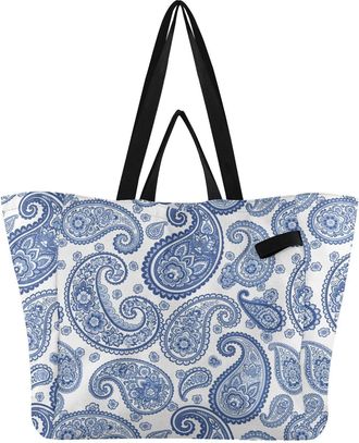 Generic Flowers Paisley White pattern Reusable Canvas Tote Bag, Heavy Duty Grocery Shopping Bag with Large Capacity Double Handles Hard Bottom Work Groceries 