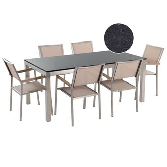 Beliani Conjunto De Comedor De Jard&iacute;n Beige Con Mesa 180 X 90 Cm De Granito Negro 6 Sillas De Rat&aacute;n Grosseto