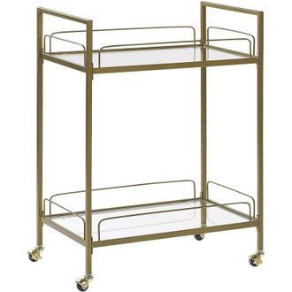 Beliani Carrito De Cocina Con Patas Doradas Y Tapa De Vidrio Templado Con Estante Y Ruedas Estilo Glam Veneta