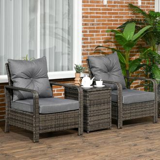 OUTSUNNY 3 PCs PE Rattan Garden Sofa Set w/ 2 Chairs & Storage Table in Grey