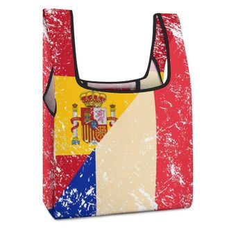 Generic France And Spain Vintage Flag Reusable Shopping Bags Lightweight Foldable Grocery Bag Polyester Washable Tote Bag