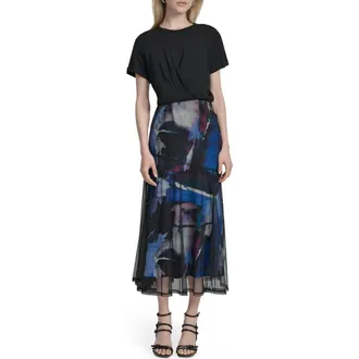 DKNY Print Skirt Mixed Media Dress in Blue Brush at Nordstrom Rack, Size X-Small