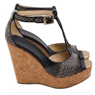 Jimmy Choo London Pela Cork Wedge T-Strap Sandals in Black Leather