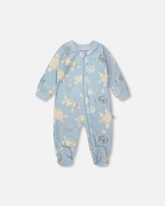 Deux par Deux Organic Cotton Jersey Turtle Footed One-Piece Pyjama in Blue Turtle Print at Nordstrom, Size 18M
