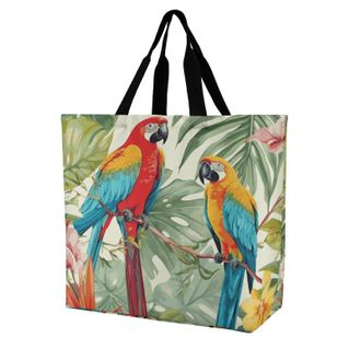 Generic Tropical Plants And Parrots Shopper Bag Large Capacity Handbag Foldable Tote Bags For Travel College Ladies