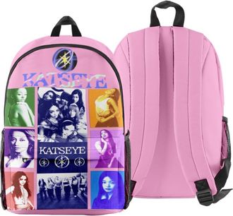 Generic KATSEYE 2025 Merch Backpack Unisex Oxford Backpack with Front Zipper Pocket and Side Mesh Holders (Pink)