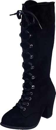 Generic Pirate Boots for Women UK Victorian Boots for Women Faux Suede Mid-Calf Height Boot Medieval Vintage Chunky Heel Boot Fall Winter Suede Lace up Vintag