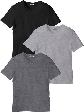 Bonprix T-Shirt BONPRIX T-Shirt mit V-Ausschnitt (3er Pack), Herren, Gr. 60/62 (XXL), grau (anthrazit meliert, hellgrau meliert, schwarz), Obermaterial: 60% B
