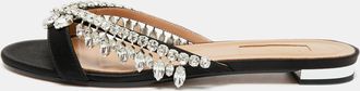 Aquazzura Gem Palace Black Satin Crystal Embellished Flat Sandals