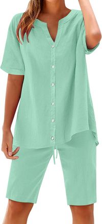 Generic Womens Solid Color Fashion Casual Cotton Linen Pocket Long Sleeve Shirt Short Jacket Suit Beach Dress (Mint Green, S)