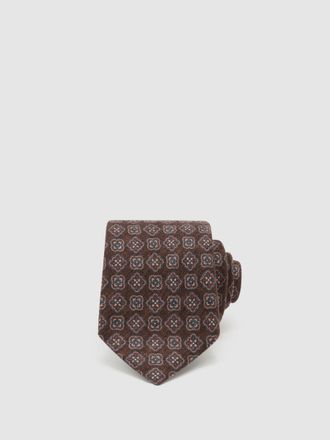 Reiss Dark Brown Silk Floral Medallion-print Tie