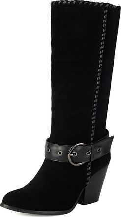 Generic Womens Pull on Slouch Mid-Calf Boots Faux Suede Western Cowboy Boots Mid Chunky Heel Casual Boot with Buckle,Black,5.5 UK