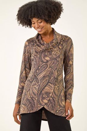Roman Paisley Print Cowl Neck Stretch Top