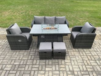 Fimous Garden Patio Furniture Wicker Rattan Gas Fire Pit Table & Chair set with 3 Seater Sofa 2 Small Footstools Dark Grey Mixed