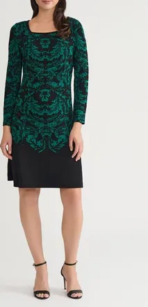 Ming Wang Filigree Jacquard Long Sleeve Sweater Dress in Everest/Black at Nordstrom, Size X-Large
