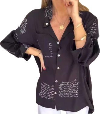 Generic Womens Long Sleeve Lapel Button Down Shirt,Letter Print Fashion Lapel Shirt,Womens Long Sleeve Tops Casual (Black,3XL)