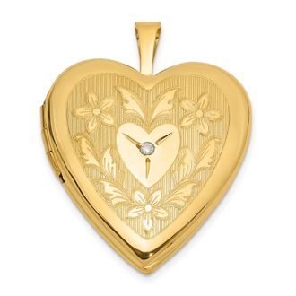 Diamond2Deal 14k Yellow Gold Floral Design Diamond Center 20mm Heart Locket