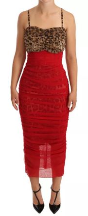 Dolce & Gabbana Brown Leopard Red Tulle Sheath Midi Womens Dress