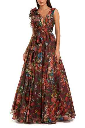 Mac Duggal Ruffle Shoulder V-Neck Printed Chiffon Gown in Wine Multi at Nordstrom, Size 14