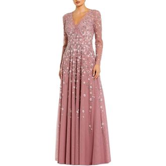 Mac Duggal Embellished Wrap Over Illusion Long Sleeve A Line Gown in Berry at Nordstrom, Size 12