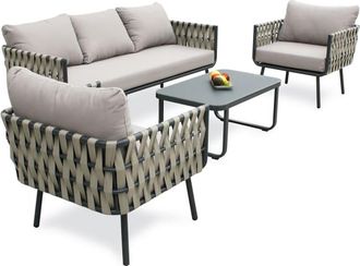 DCB Garden Salón de jardín 5 plazas con tiras de tela trenzadas