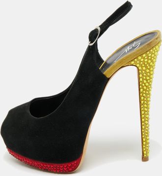 Giuseppe Zanotti Two Tone Suede Crystal Embellished Peep Toe Slingback Pumps