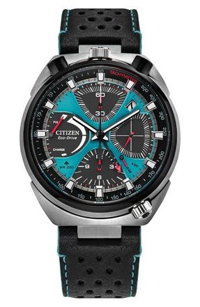 Citizen Promaster Tsuno Chronograph Racer Leather Strap Watch, 44.5mm in Black/Blue at Nordstrom