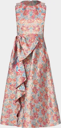 Shoshanna Lena Ruffle Metallic Floral Jacquard Midi Dress